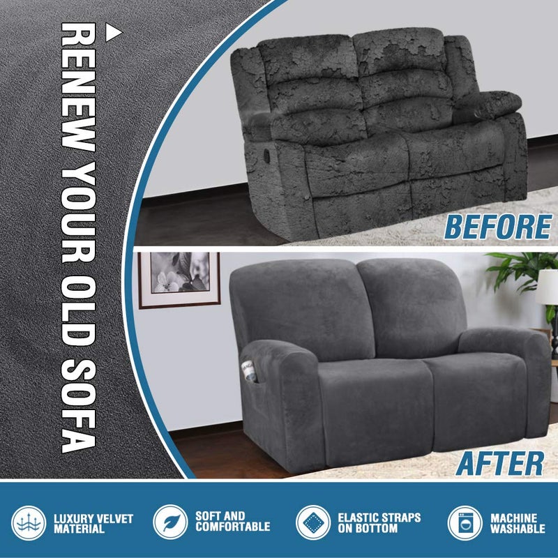 H.VERSAILTEX Velvet Stretch Recliner Couch Covers 6-Pieces Recliner Loveseat Covers for 2 Cushion Couch Recliner Sofa Covers Reclining Slipcovers Form Fitted Thick Soft Washable, Grey - Image 5